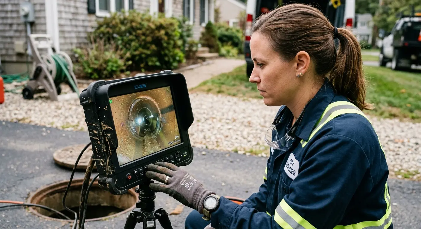 Technician reviewing sewer camera inspection footage in Helotes