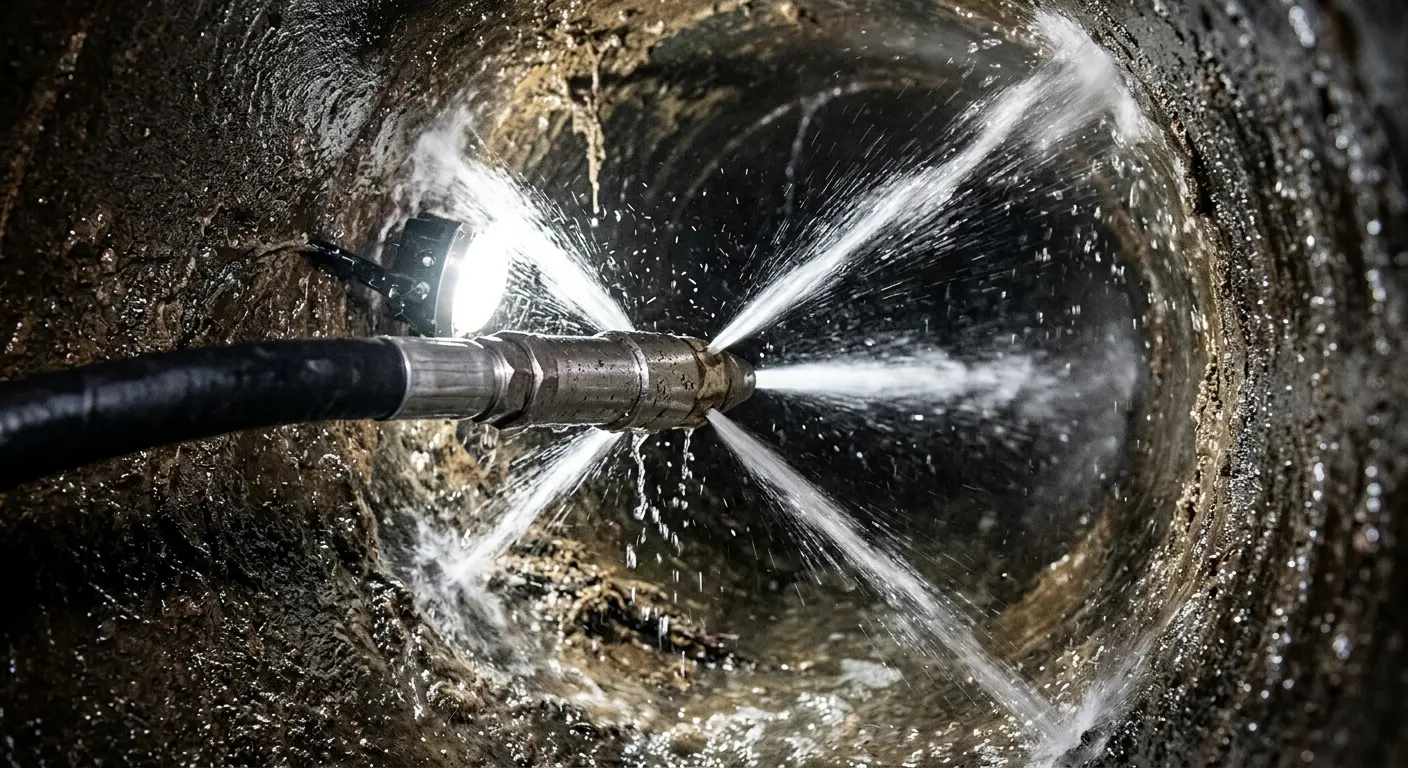High-pressure hydro jetting nozzle cleaning sewer pipe for Sewer Cleanout in Helotes