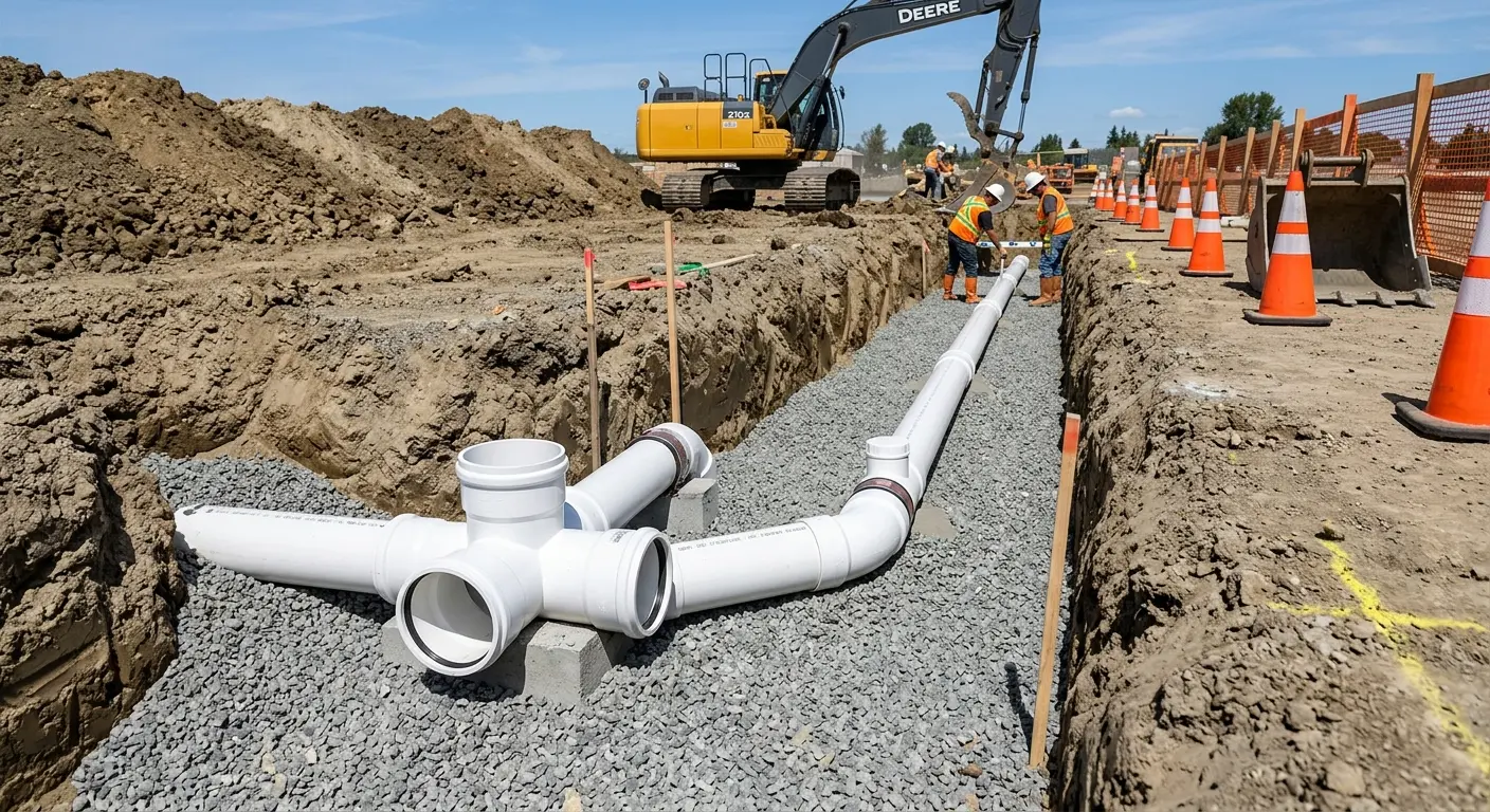 New PVC sewer pipe installation in open trench for Sewer Backup in Helotes