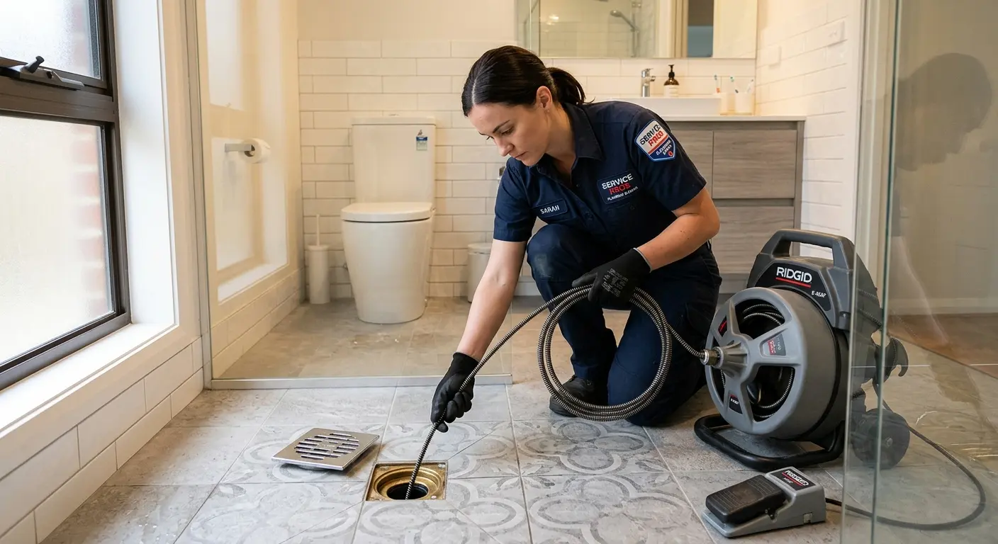Technician clearing a bathroom floor drain for Sewer Line Replacement in Helotes
